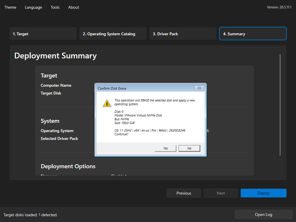 Foundry Deploy disk erase confirmation