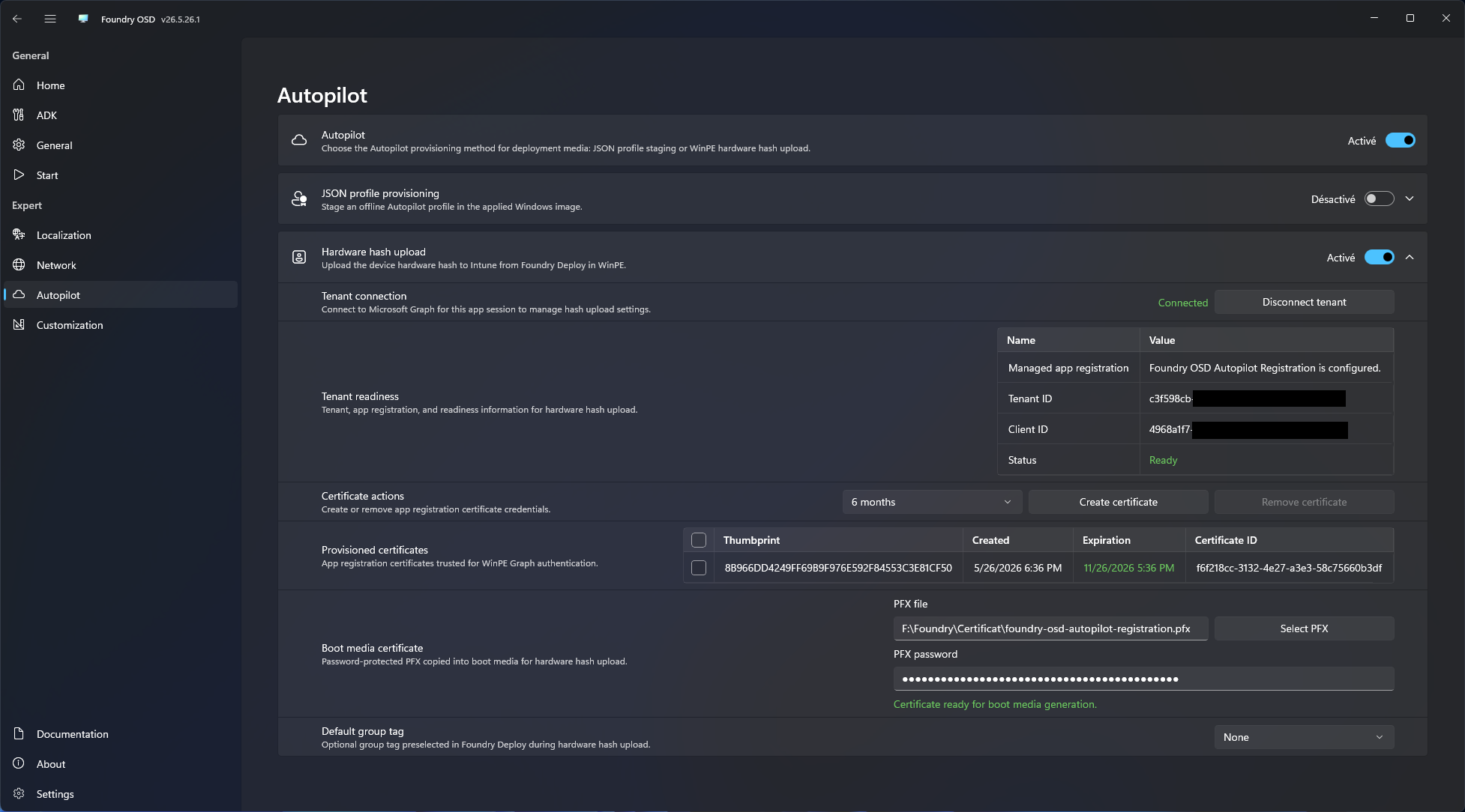 Foundry Deploy target page ready for Autopilot hardware hash upload
