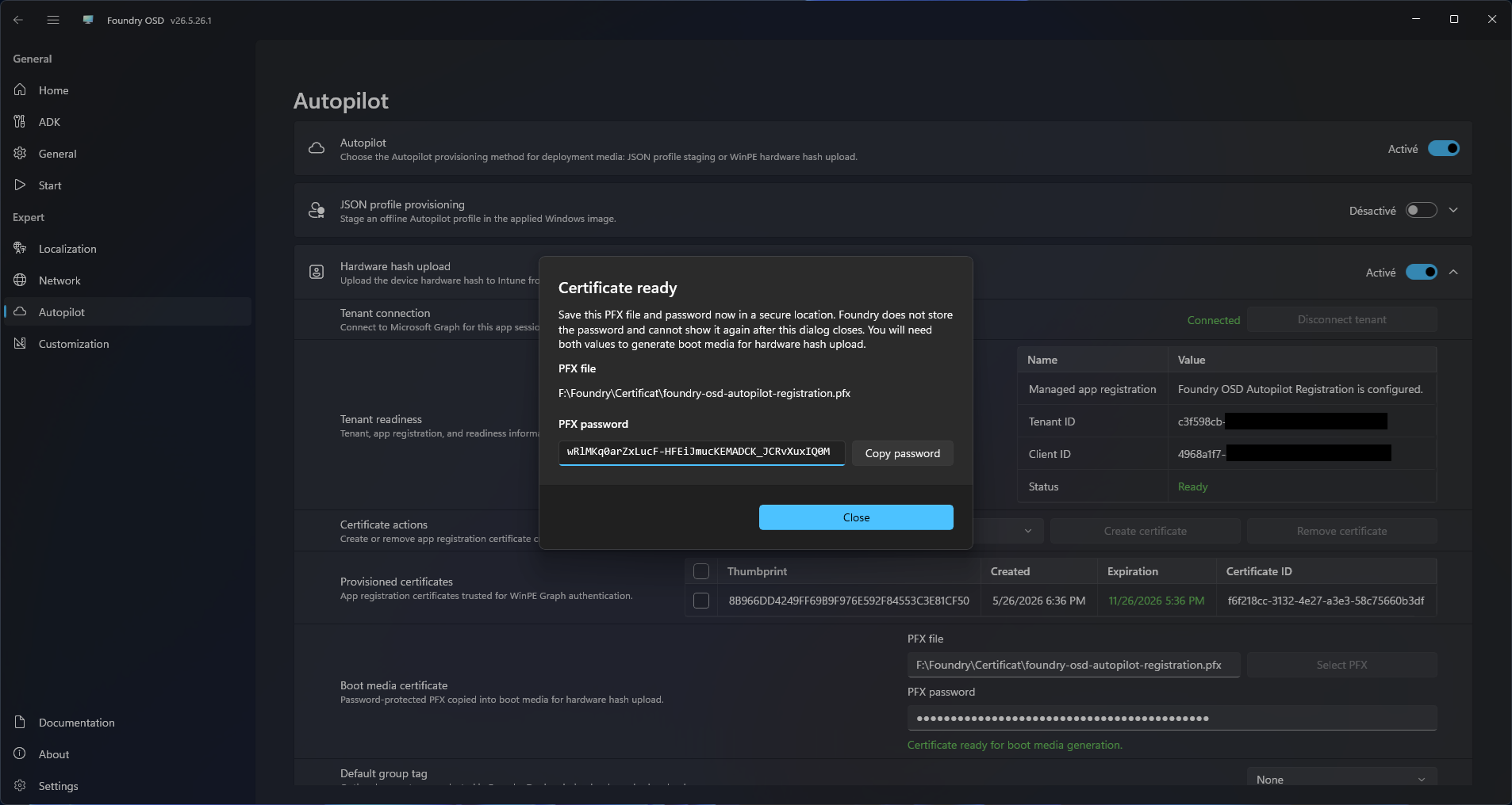 Foundry OSD boot media certificate ready for Autopilot hash upload
