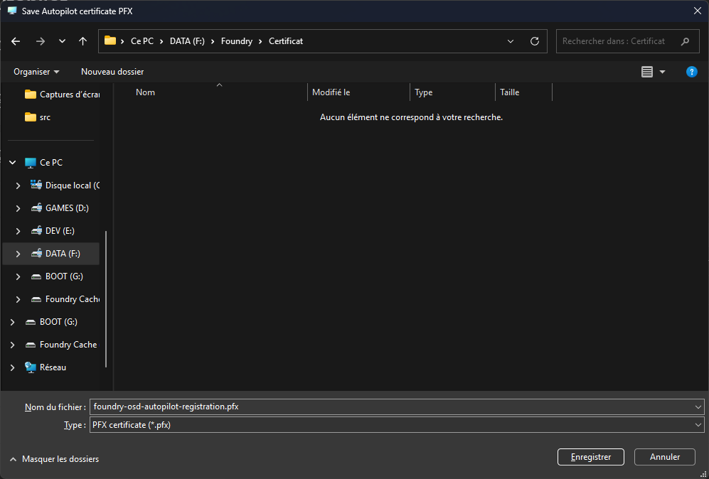 Foundry OSD save Autopilot certificate PFX dialog